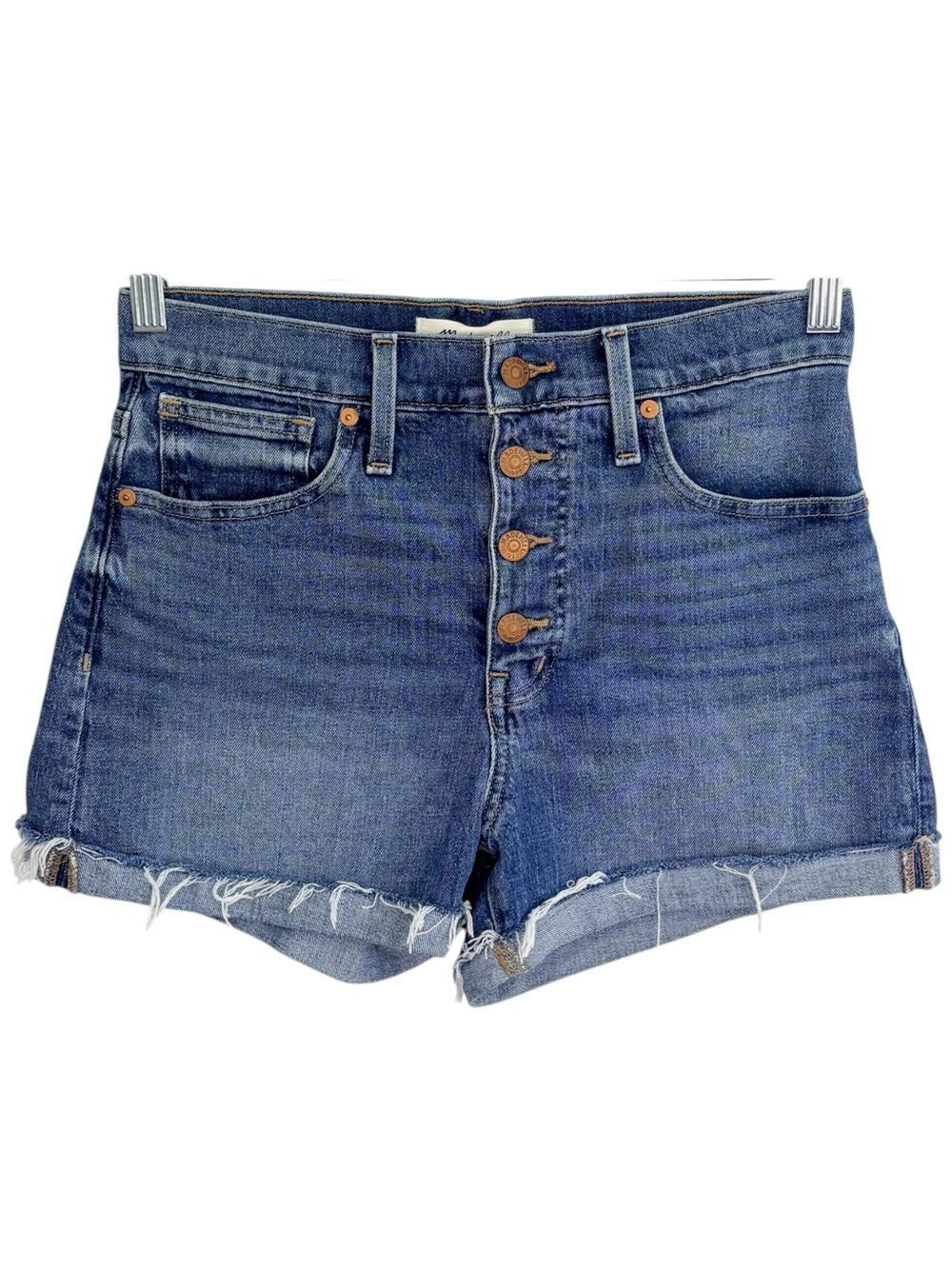 MADEWELL High Rise Button Fly Denim Cuffed Jean Shorts Raw Hem 26